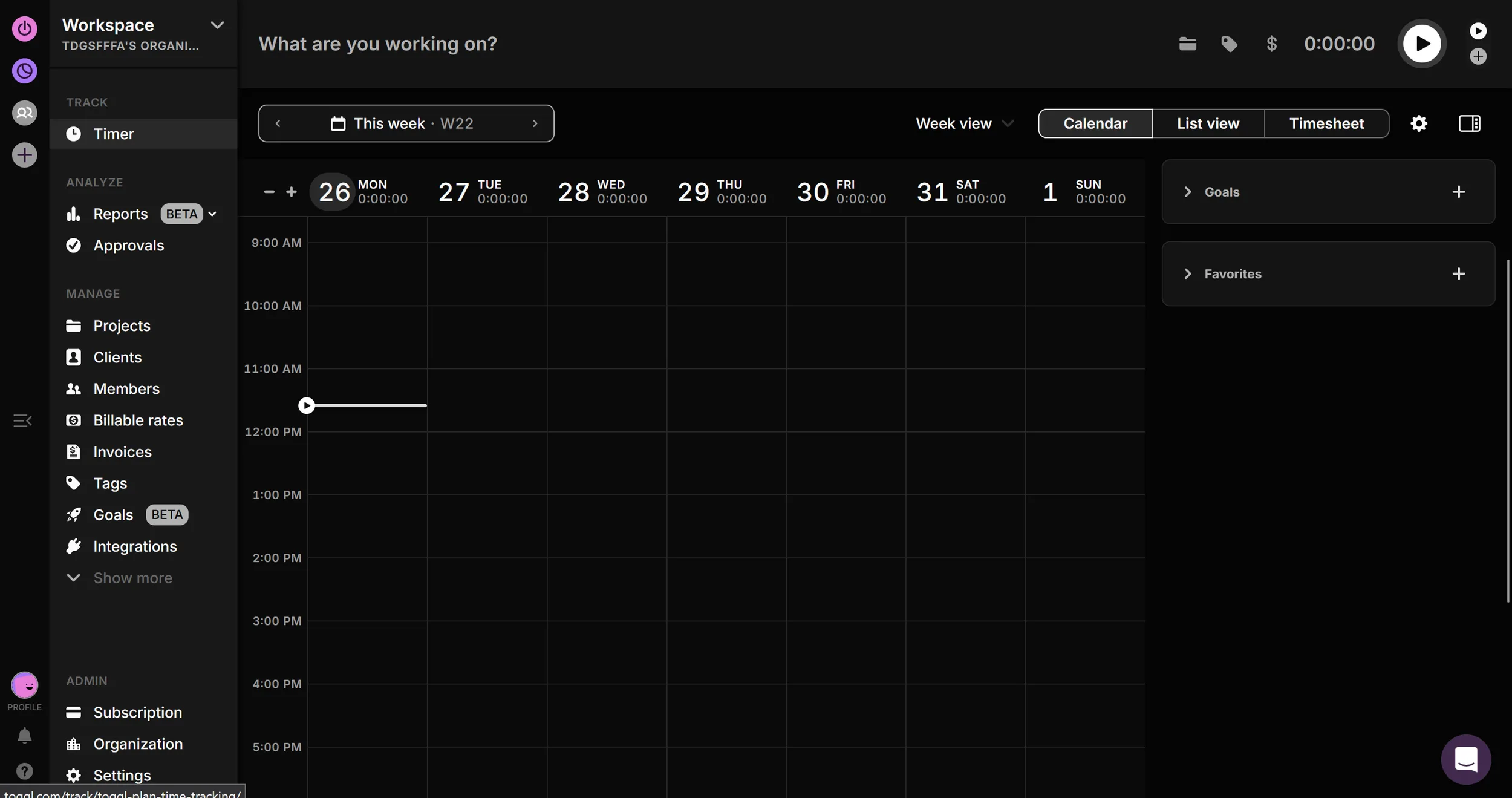  The Toggl Track time dashboard with weekly overview and always-accessible timer in the top right — dark mode enabled. (Own screenshot from Toggl Track) 
