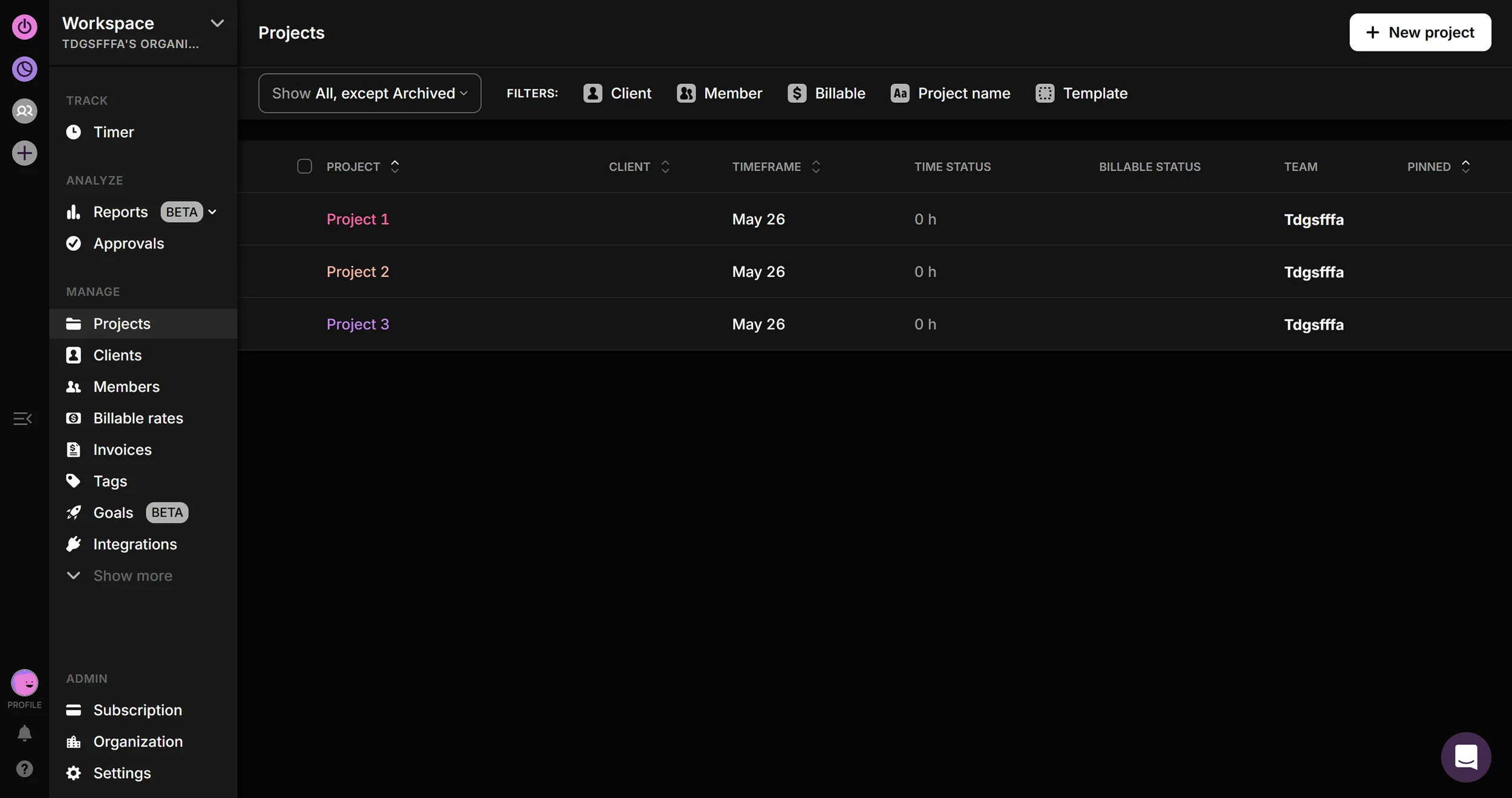  Project overview inside your Toggl Track workspace — dark mode enabled. (Own screenshot from Toggl Track) 
