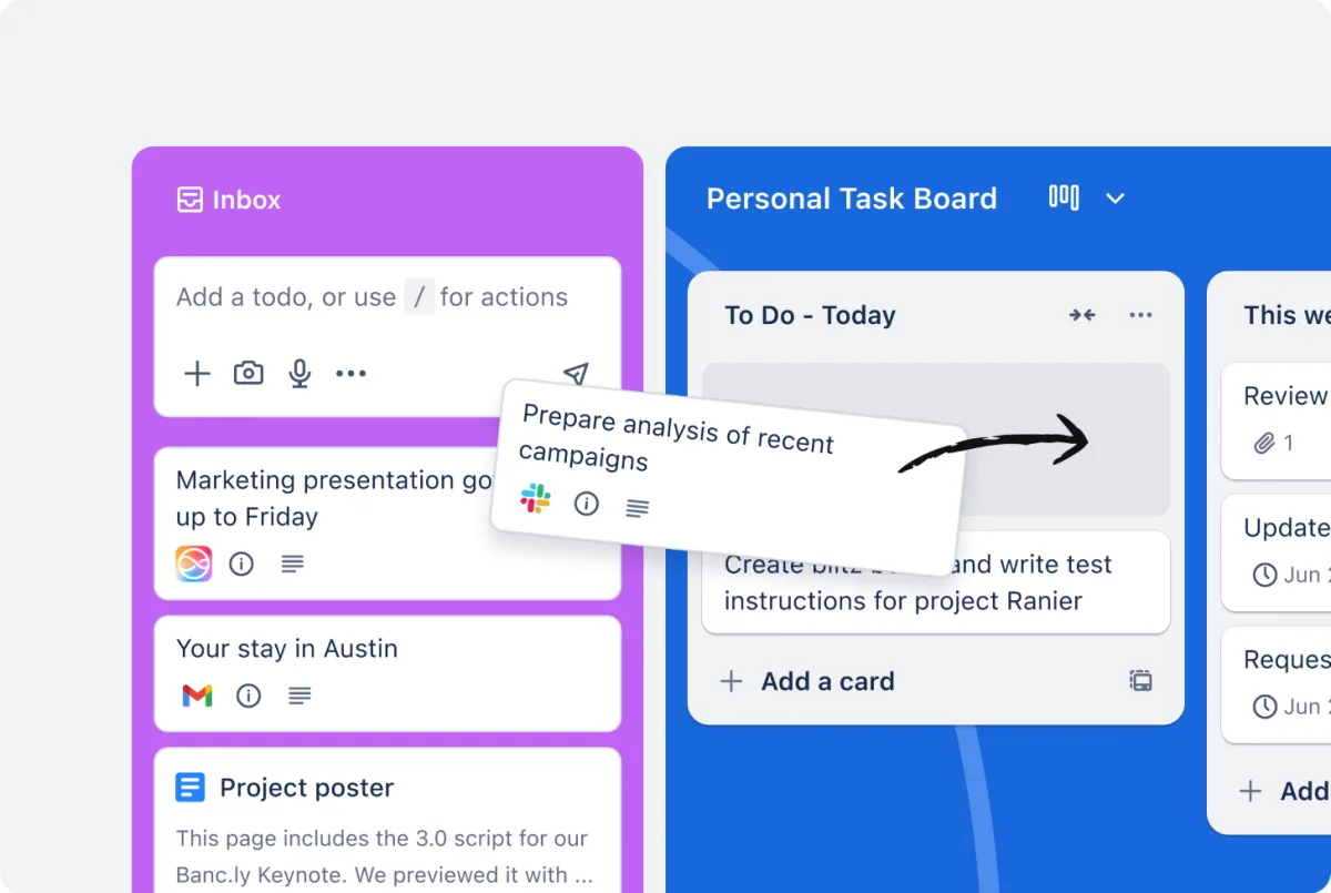 Trello Inbox next to a Personal Task Board: tasks from email, Slack and Teams land on the left and are dragged into lists