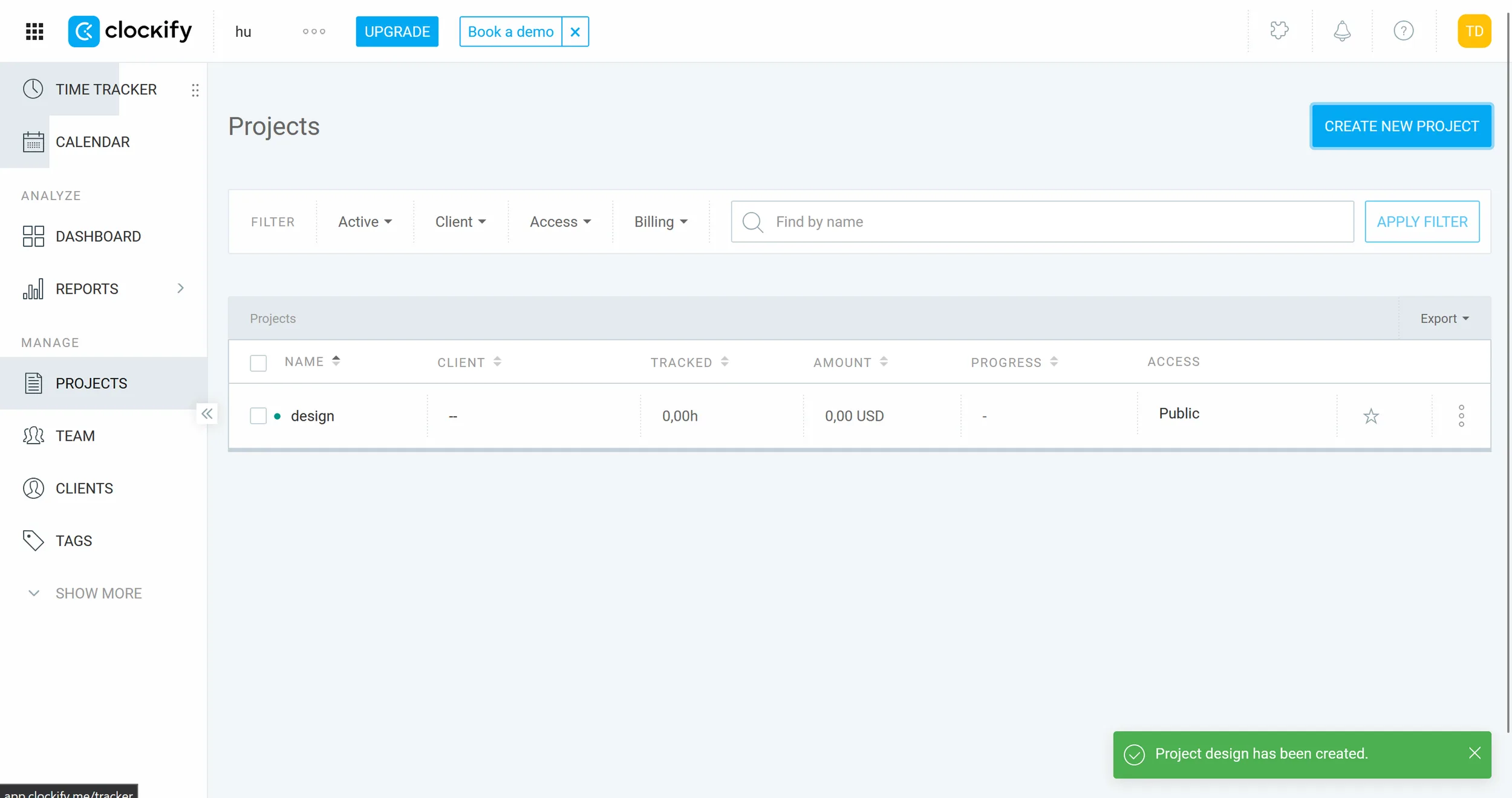 Clockify project overview with all key details including client, budget, and access settings. (Own screenshot from Clockify)