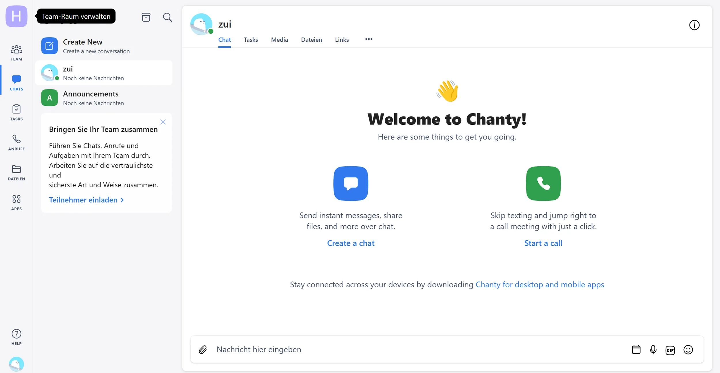 Clean dashboard layout with quick access to chats, tasks, calls, files, and apps (excerpt from chanty.com ) Clean dashboard layout with quick access to chats, tasks, calls, files, and apps (excerpt from chanty.com )