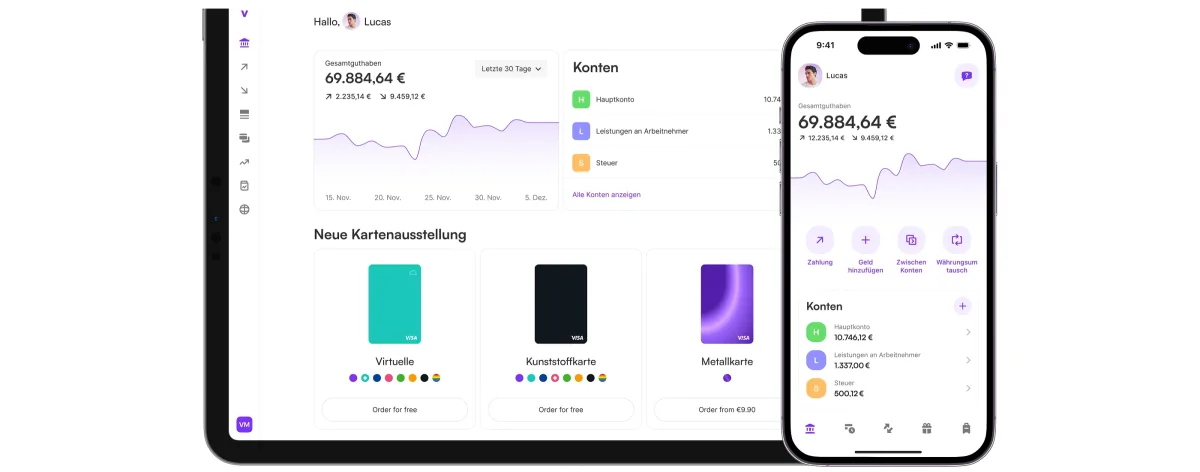 Vivid Business in the browser and in the app: total balance, sub-accounts and card ordering