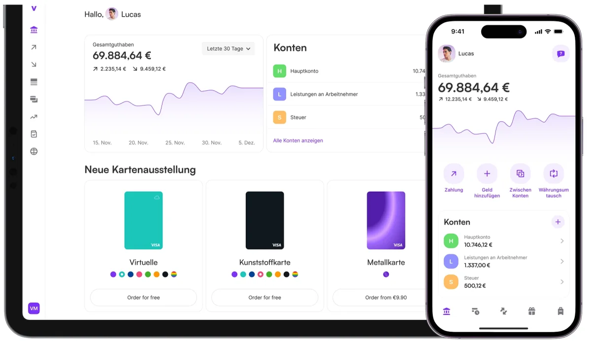 Vivid Business in the browser and the app: total balance, sub-accounts for main account, employee benefits and tax, card ordering