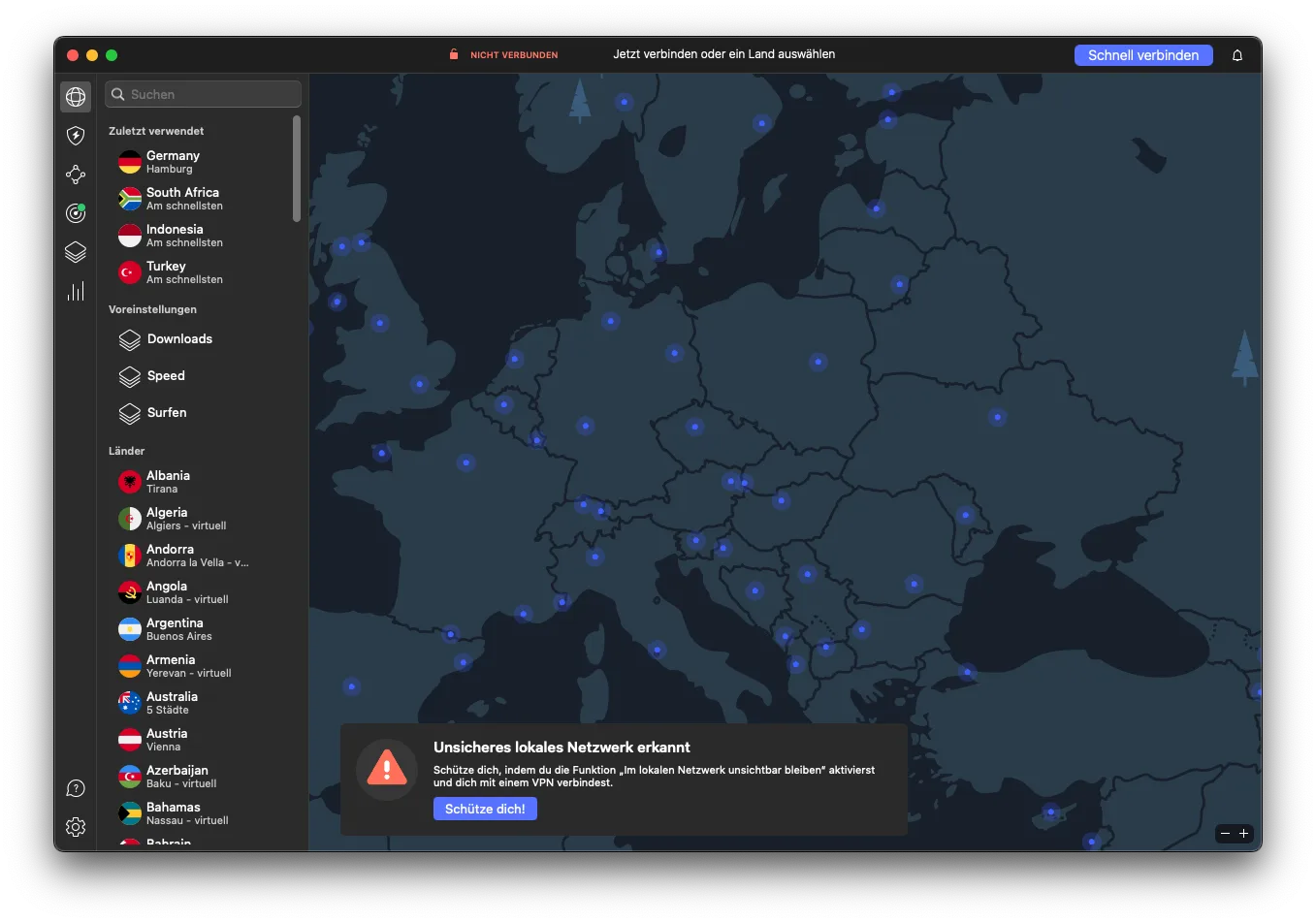  NordVPN server map: Clear and intuitive interface with a map-based server selection view on macOS (own screenshot) 