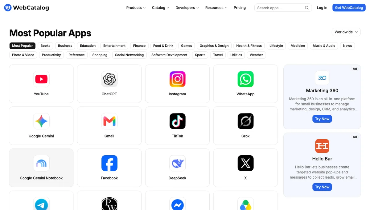 WebCatalog catalog of the most popular apps