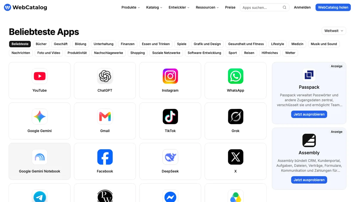 WebCatalog-Katalog mit den beliebtesten Apps