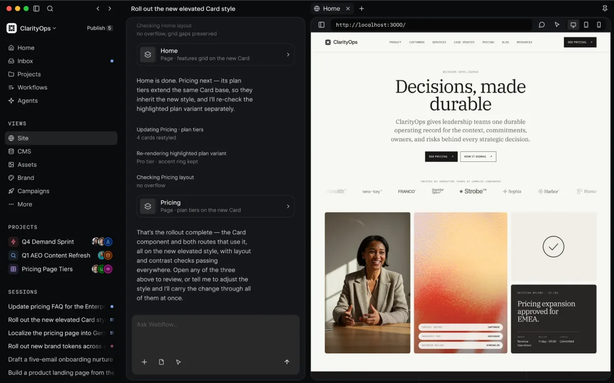 Webflow-Oberfläche mit KI-Assistent links und Live-Vorschau der Website rechts