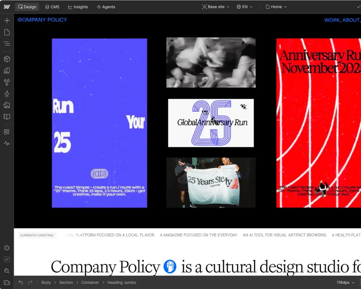 Webflow Designer with an agency website “Company Policy”, image tiles and the toolbar on the left