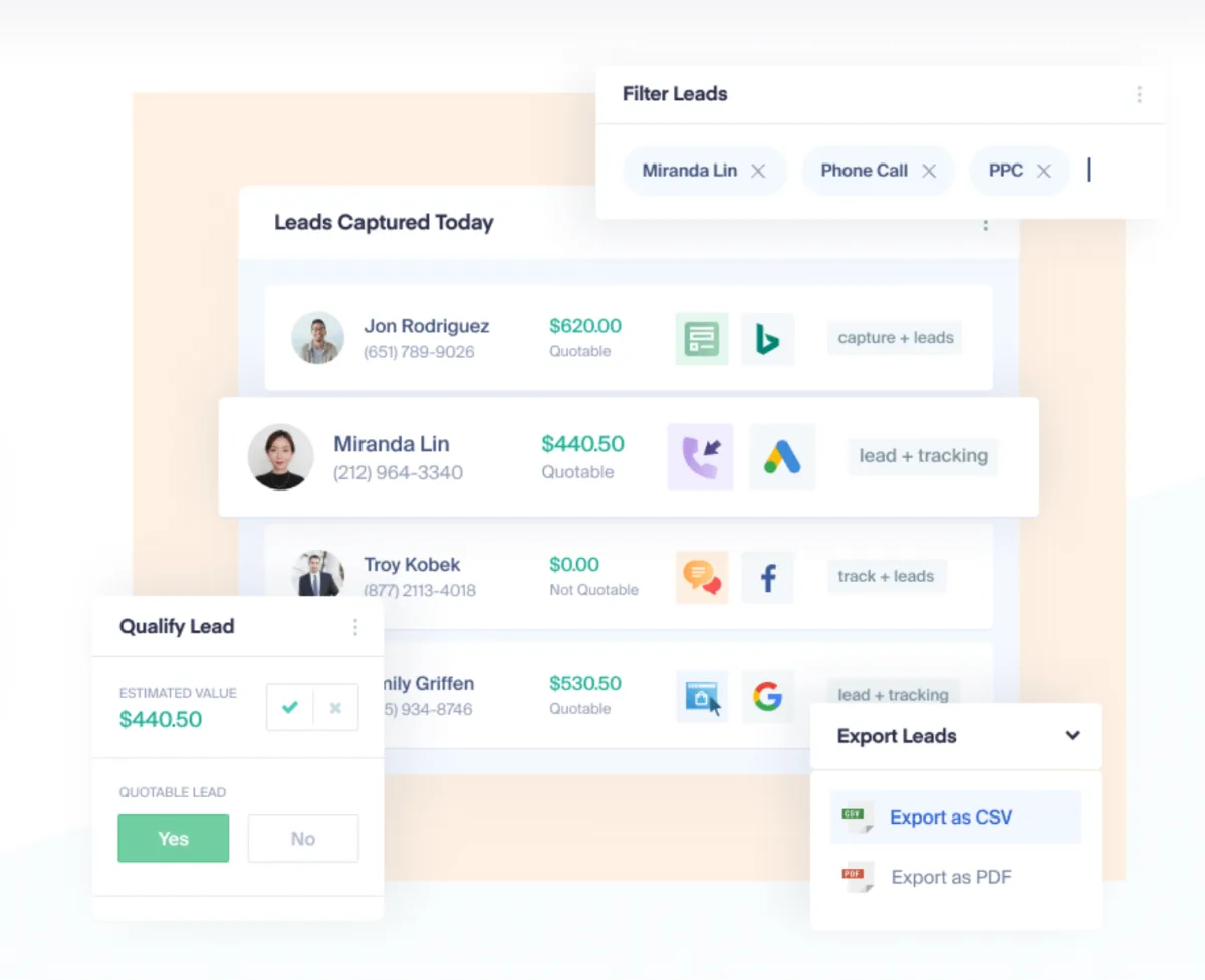 WhatConverts “Leads Captured Today” view with lead value, source per lead, qualification dialog and export menu