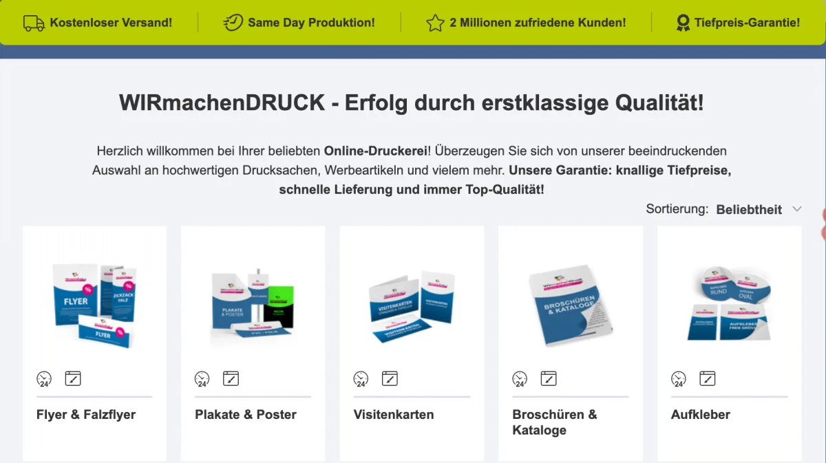 WIRmachenDRUCK-Shop: Produktkacheln für Flyer, Plakate, Visitenkarten, Broschüren und Aufkleber unter der Leiste mit kostenlosem Versand und Same-Day-Produktion