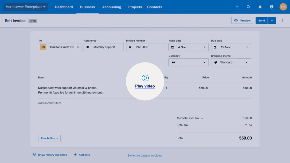 Xero invoice editor with customer field, line items, subtotal and total plus the module bar on top