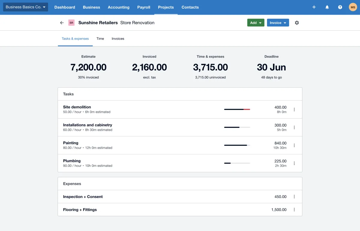 Xero project tracking dashboard