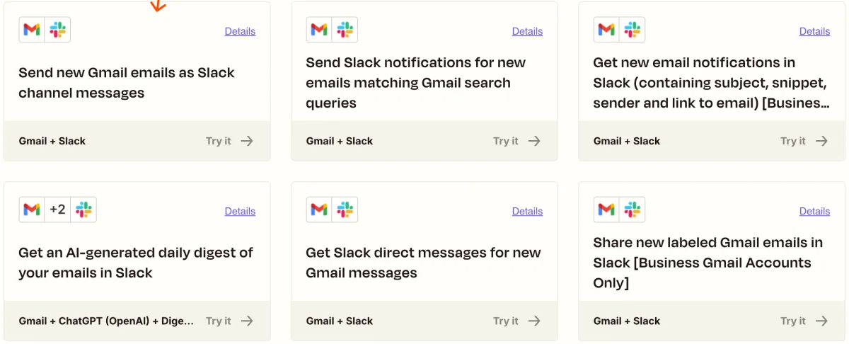Zapier template gallery for Gmail and Slack with ready-made Zaps such as an AI-generated daily email digest