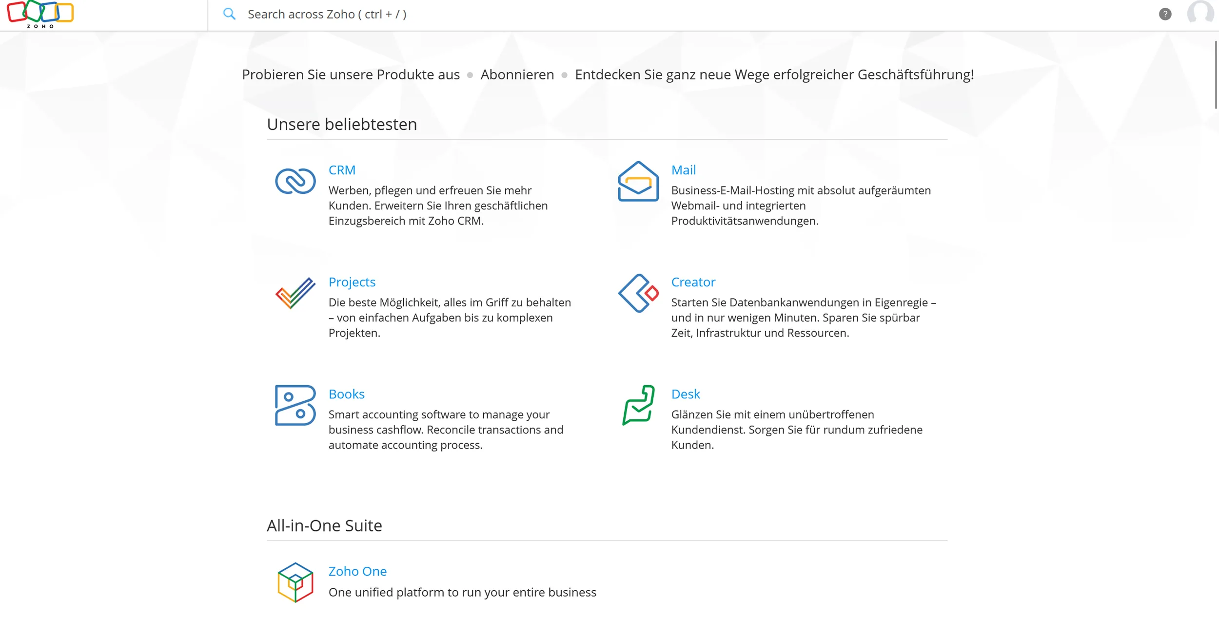  Zoho bietet über 40 integrierte Business-Apps in einer Suite (Auszug von Tooloberfläche) 