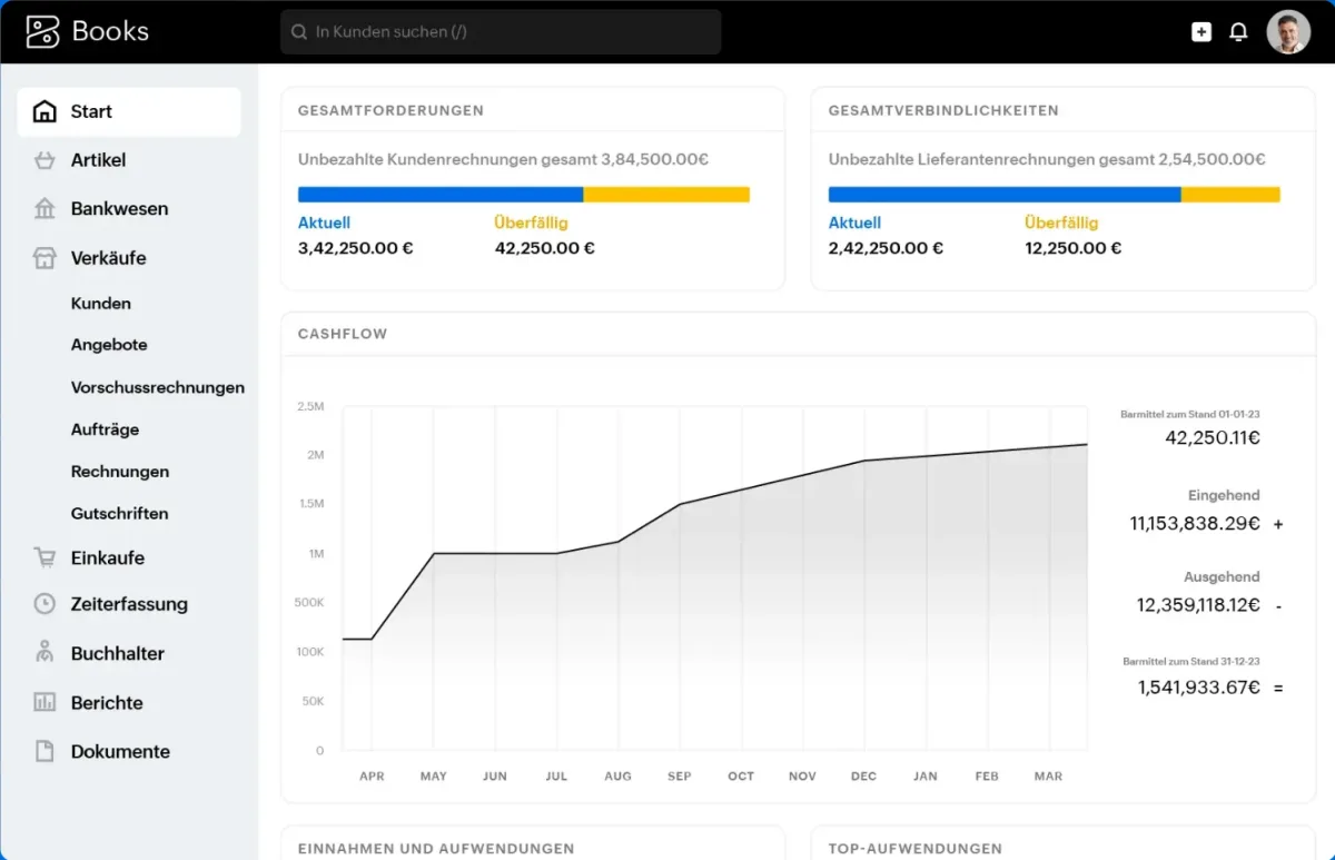 Zoho Books dashboard with total receivables, total payables, cash flow curve and the module rail on the left (German UI)