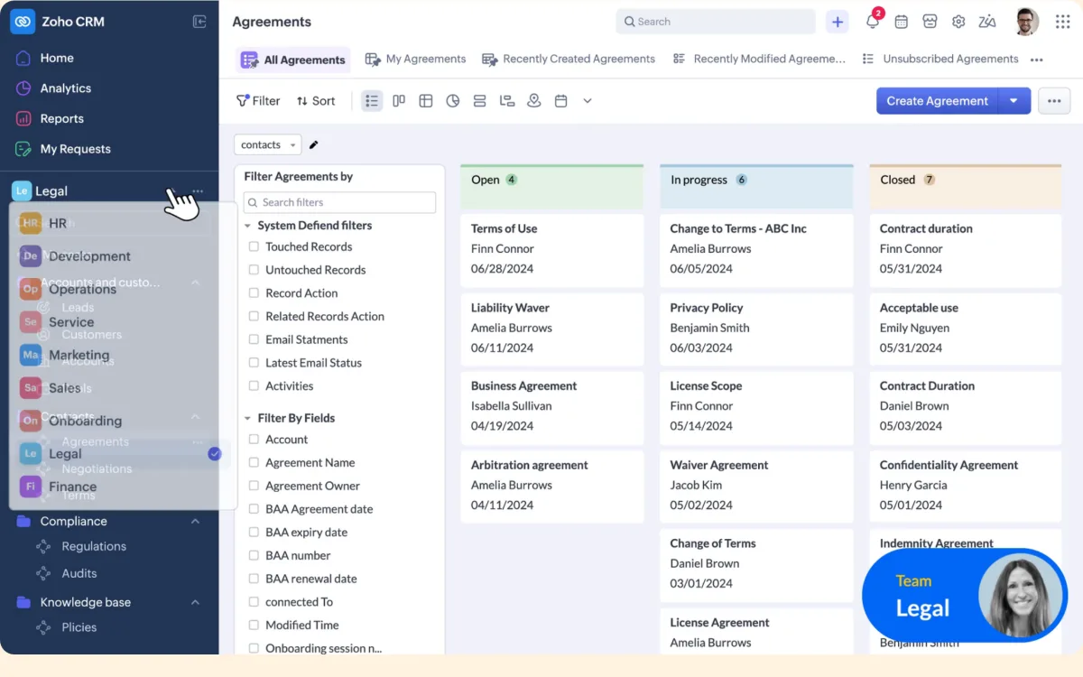 Zoho CRM Kanban view for agreements with Open, In Progress and Closed columns and the module rail on the left