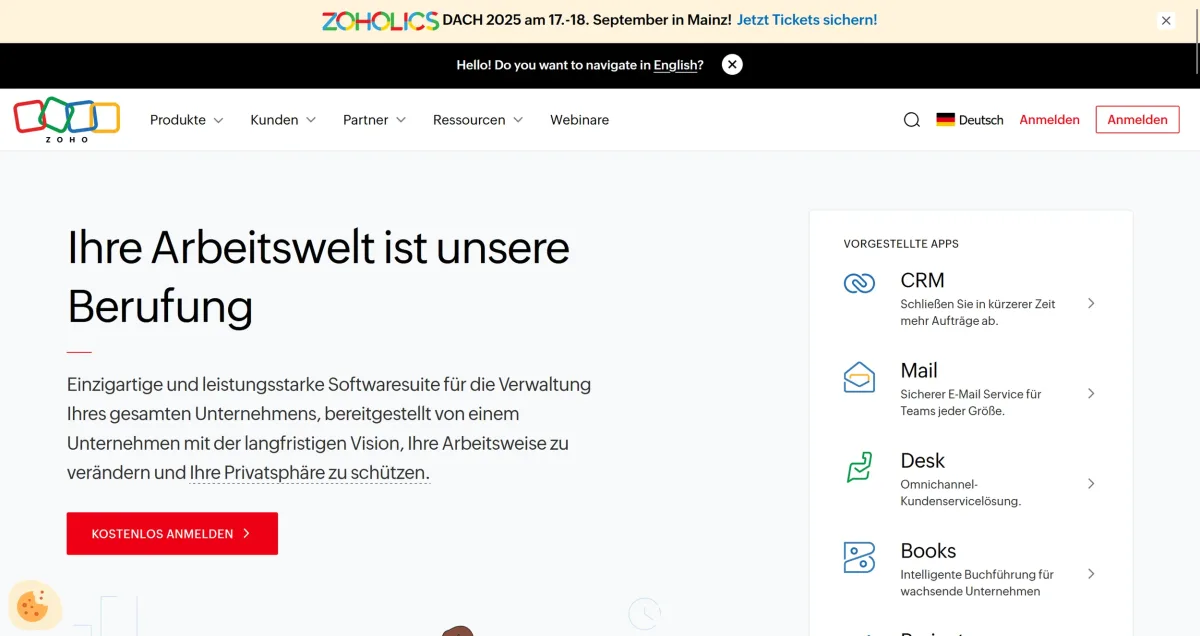  Zoho-Startseite mit Überblick über verschiedene Tools ( Auszug von    zoho.com  ) 