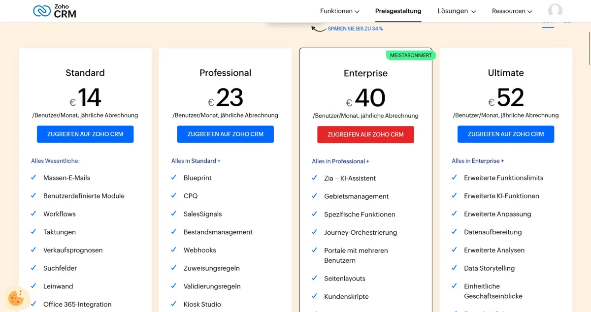  Zoho Preisgestaltung  (Auszug von    zoho.com   )  