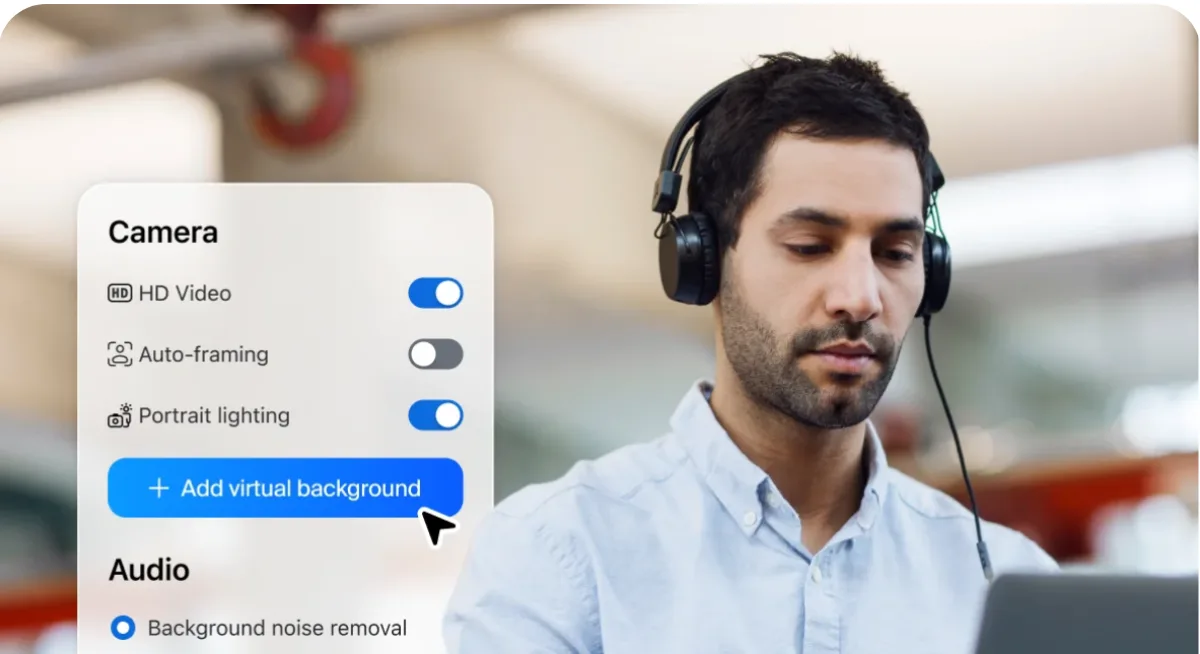 Zoom meeting with the camera and audio panel open: HD video, auto-framing, portrait lighting, background noise removal